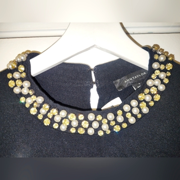 Ann Taylor Black Sweater Jewelled Pearls and Rhinestones Neckline Size S - Picture 3 of 13